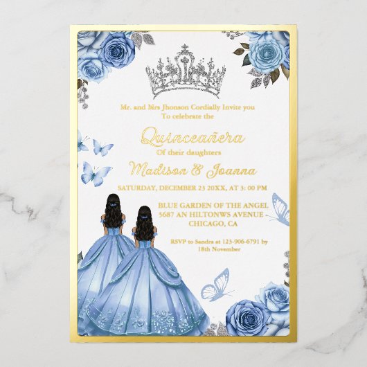 Elegant Stoffig Blauw Bloemen Vlinder Quinceanera Folie Uitnodiging (Voorkant)