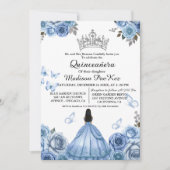 Elegant Stoffig Blauw Bloemen Vlinder Quinceanera Kaart (Voorkant)