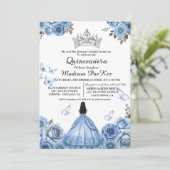 Elegant Stoffig Blauw Bloemen Vlinder Quinceanera Kaart (Staand voorkant)