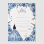 Elegant Stoffig Blauw Bloemen Vlinder Quinceanera Vellum Uitnodigingen (Voorkant)