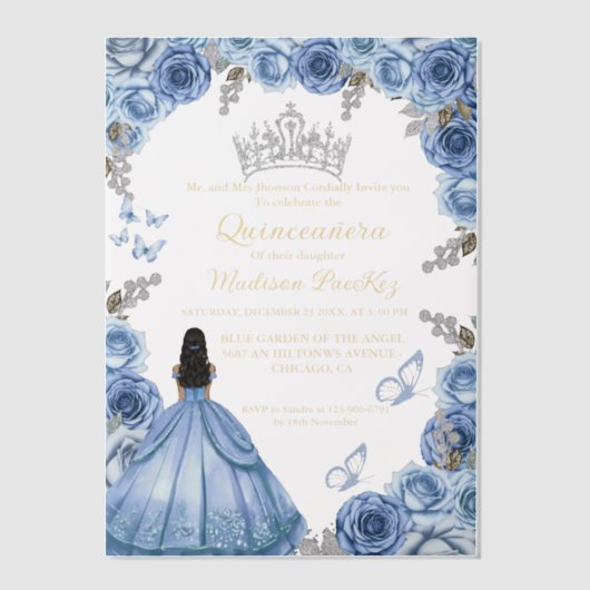 Elegant Stoffig Blauw Bloemen Vlinder Quinceanera Vellum Uitnodigingen (Voorkant)