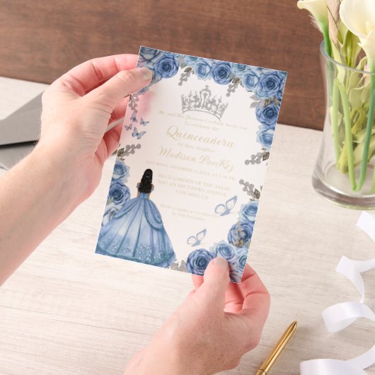 Elegant Stoffig Blauw Bloemen Vlinder Quinceanera Vellum Uitnodigingen (Draagbaar)