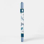 Elegant stoffig blauw bloemen wit streep monogram iPhone hoesje (Linkerkant)