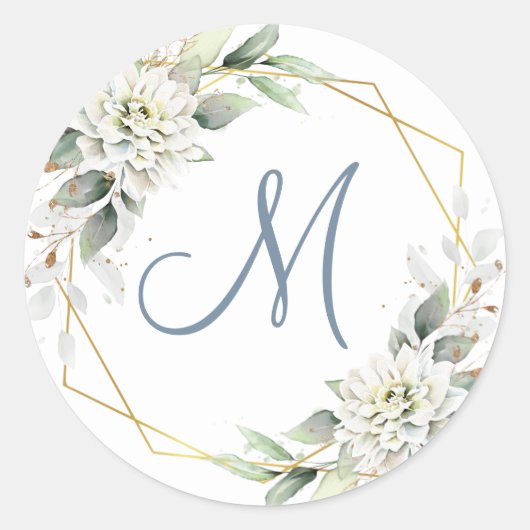 Elegant Stoffig Blauw Bloemengroen MONOGRAM Ronde Sticker (Voorkant)