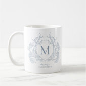 Elegant  stoffig blauw bloemenkam monogram koffiemok (Links)