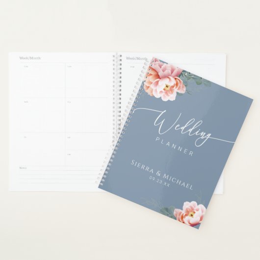 Elegant Stoffig Blauw Blush Bloemen Groen Bruiloft Planner (Display)