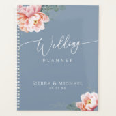 Elegant Stoffig Blauw Blush Bloemen Groen Bruiloft Planner (Voorkant)