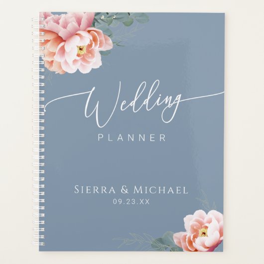 Elegant Stoffig Blauw Blush Bloemen Groen Bruiloft Planner (Voorkant)