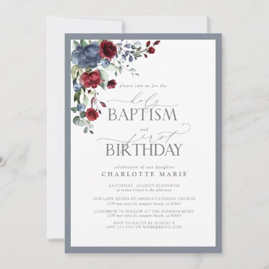 Elegant Stoffig Blauw Bourgogne Dop 1e Verjaardag Kaart (Voorkant)