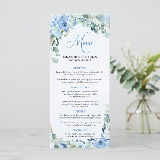 Elegant Stoffig Blauw en Goud lijst Bloemen Rustie Menu (Staand voorkant)