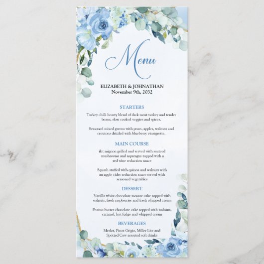 Elegant Stoffig Blauw en Goud lijst Bloemen Rustie Menu (Voorkant)