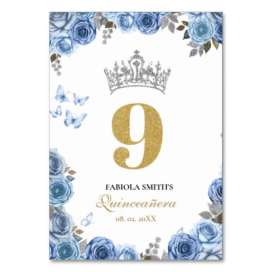 Elegant stoffig blauw en goud quinceanera kaart (Achterkant)