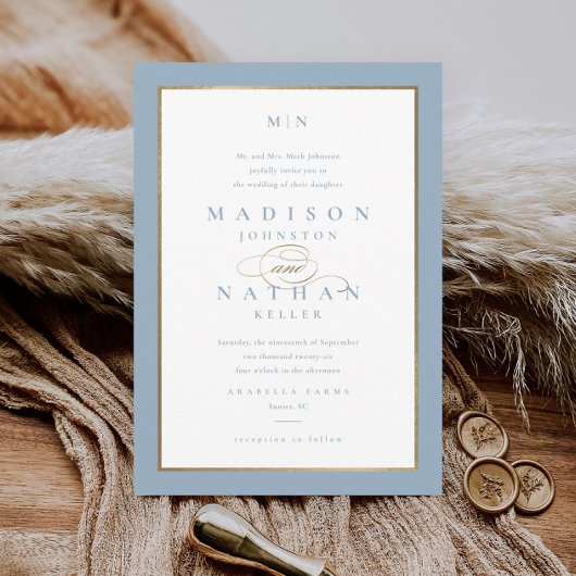 Elegant Stoffig Blauw en Gouden Huwelijk Kaart