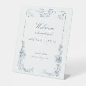 Elegant stoffig blauw Frans Bloemen Welkomstbord Reclamebord Met Voetstuk (Voorkant)