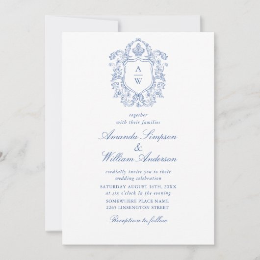 Elegant Stoffig Blauw Frans Tuin Bloemen Bruiloft Kaart (Voorkant)