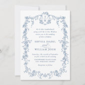 Elegant Stoffig Blauw Frans Tuin Bloemen Bruiloft Kaart (Voorkant)