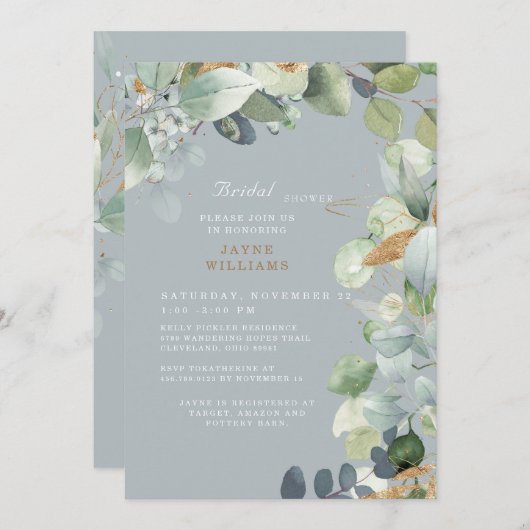 Elegant stoffig blauw gebladerte bruiloft Vrijgeze Kaart (Voorkant / Achterkant)