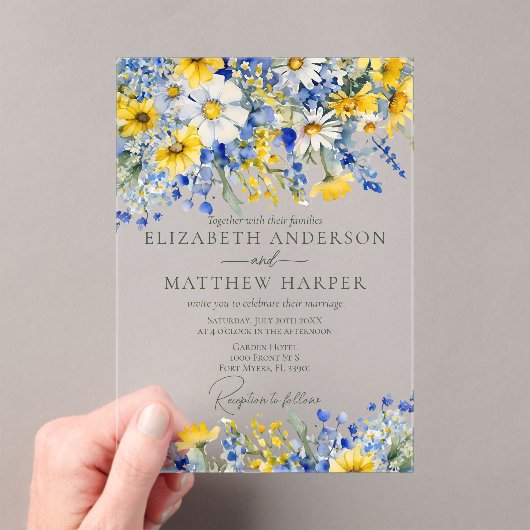 Elegant Stoffig Blauw Geel Wildbloemen Boho Bruilo Acryl Uitnodigingen (Insitu (Draagbaar))