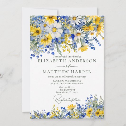 Elegant Stoffig Blauw Geel Wildbloemen Boho Bruilo Kaart (Voorkant)