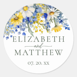 Elegant Stoffig Blauw Geel Wildbloemen Boho Bruilo Ronde Sticker