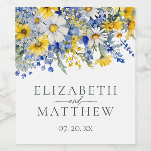 Elegant Stoffig Blauw Geel Wildbloemen Boho Bruilo Wijn Etiket (Enkel label)