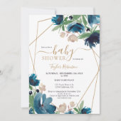 Elegant stoffig blauw goud Bloemen Baby shower Kaart (Voorkant)
