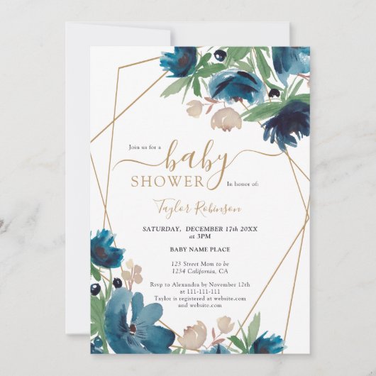 Elegant stoffig blauw goud Bloemen Baby shower Kaart (Voorkant)