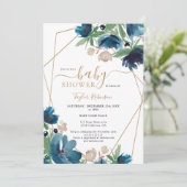 Elegant stoffig blauw goud Bloemen Baby shower Kaart (Staand voorkant)