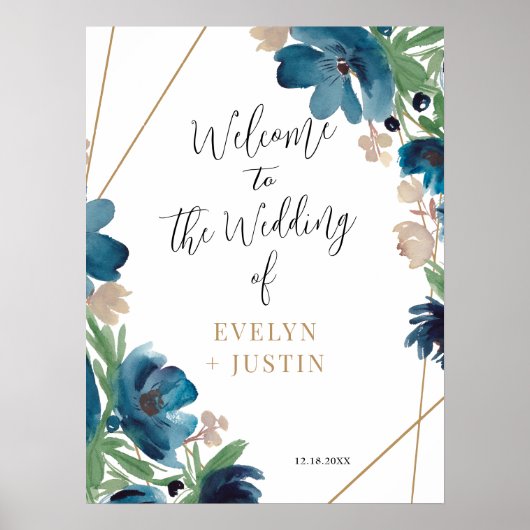Elegant stoffig blauw goud Bloemen Bruiloft Welkom Poster (Voorkant)