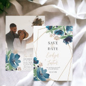 Elegant stoffig blauw goud Bloemen Waterverf Bruil Save The Date