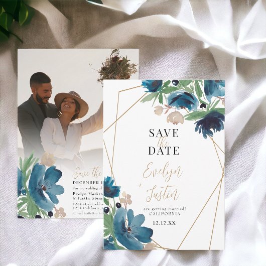 Elegant stoffig blauw goud Bloemen Waterverf Bruil Save The Date