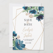 Elegant stoffig blauw goud Bloemen Waterverf Bruil Save The Date (Voorkant)
