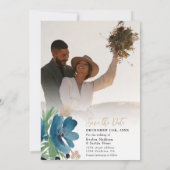 Elegant stoffig blauw goud Bloemen Waterverf Bruil Save The Date (Achterkant)