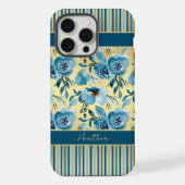 Elegant stoffig blauw goud bloemenstreep monogram iPhone hoesje (Achterkant)