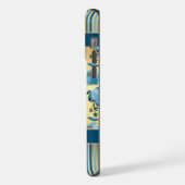 Elegant stoffig blauw goud bloemenstreep monogram iPhone hoesje (Linkerkant)