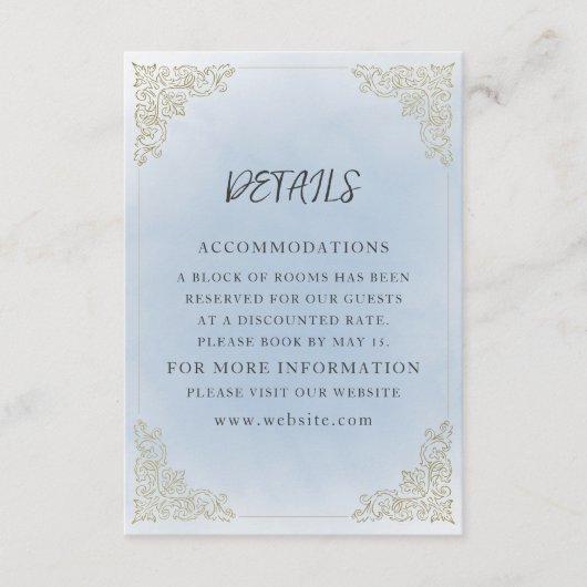 Elegant stoffig blauw goud informatiekaartje (Voorkant)