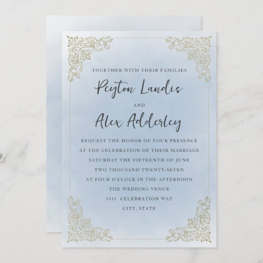 Elegant stoffig blauw goud kaart (Voorkant / Achterkant)