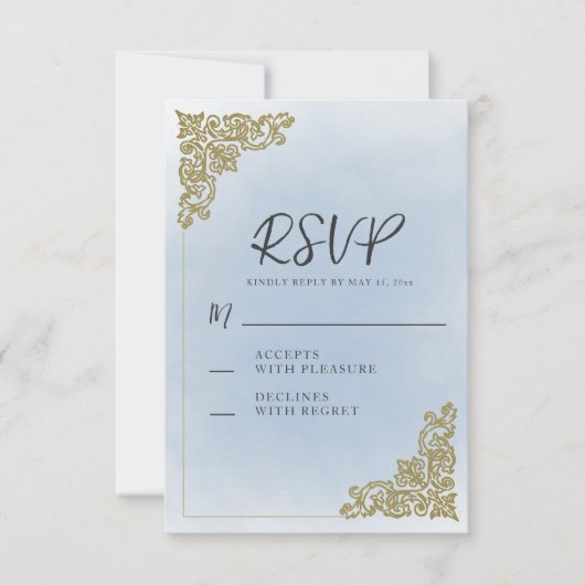 Elegant  stoffig blauw goud RSVP kaartje (Voorkant)