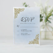 Elegant  stoffig blauw goud RSVP kaartje (Staand voorkant)
