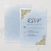 Elegant  stoffig blauw goud RSVP kaartje (Voorkant / Achterkant)