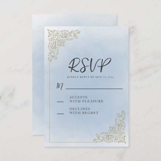 Elegant  stoffig blauw goud RSVP kaartje (Voorkant / Achterkant)