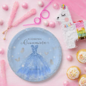 Elegant Stoffig Blauw Grijs Glitter Gown Quinceañe Papieren Bordje (Feest)