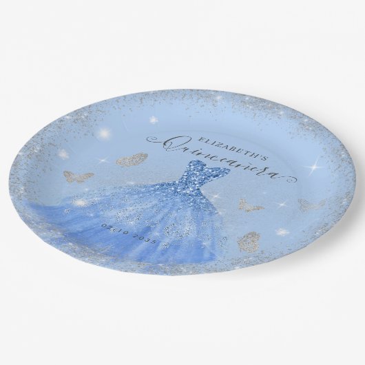 Elegant Stoffig Blauw Grijs Glitter Gown Quinceañe Papieren Bordje (Gekanteld)