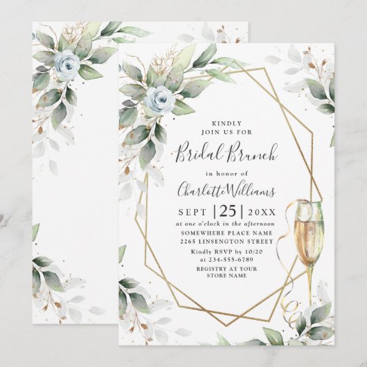 Elegant Stoffig Blauw Groen Bridal Brunch Invitat Kaart (Voorkant / Achterkant)