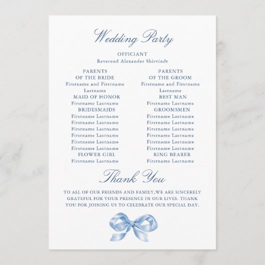 Elegant Stoffig Blauw Hand Getrokken Boog Trouwpro Programmakaart (Achterkant)