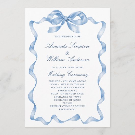Elegant Stoffig Blauw Hand Getrokken Boog Trouwpro Programmakaart (Voorkant)