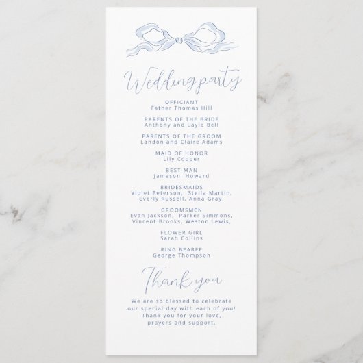 Elegant Stoffig Blauw Hand Getrokken Boog Trouwpro Programmakaart (Achterkant)