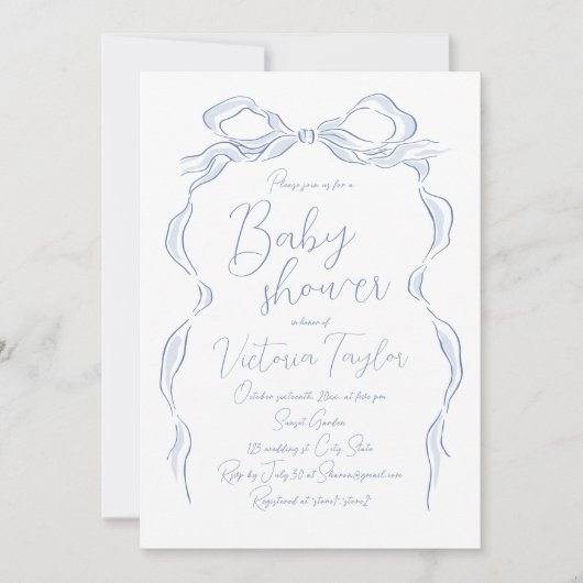 Elegant Stoffig Blauw Hand Getrokken Bow Baby show Kaart (Voorkant)