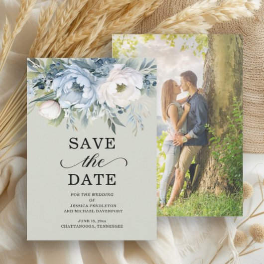 Elegant Stoffig Blauw Ivoor Bloemen Salie Groen Fo Save The Date