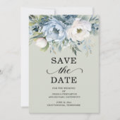 Elegant Stoffig Blauw Ivoor Bloemen Salie Groen Fo Save The Date (Voorkant)